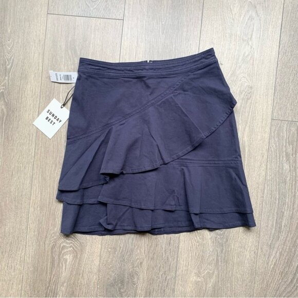 Aritzia Sunday Best Whitney Mini Skirt Navy Blue Ruffle Draped Cotton Size 4 - Picture 3 of 16